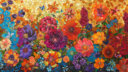 Wall Mural - A vibrant mosaic of colorful flowers forming intricate patterns against a backdrop of golden sunset hues.