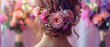 a bride with a beautiful floral hairstyle, with empty copy space