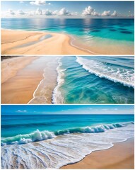 Wall Mural - set of beautiful tropical beach with palm trees, thailand, travel and vacation concept collage of pictures of the beach and sea abstract background with waves and sea.