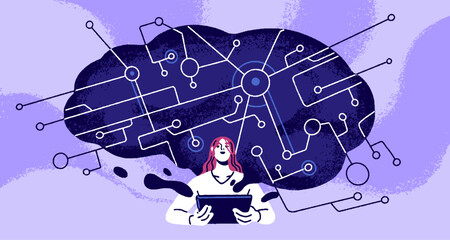 Neural network concept. Human studying digital AI brain. Artificial intelligence technology training, machine learning science, knowledge, memory, automation and education. Flat vector illustration
