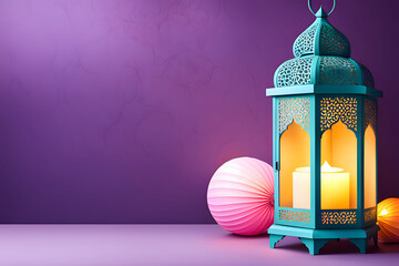 Wall Mural - Arabic islamic lantern ornament on the wall, Ramadan mubarak, Greeting card banner background