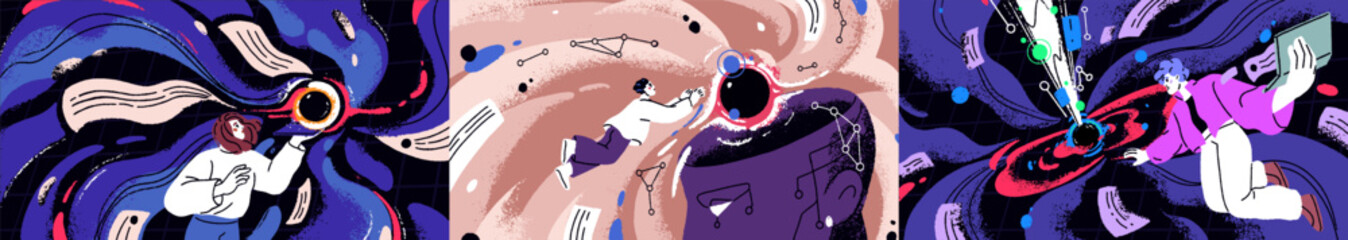 Creative AI and neural networks, future generative technology study concept. Human in digital virtual world set, generating information, data with artificial intelligence. Flat vector illustrations
