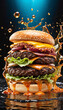 Delicious Gourmet Burger with Splashing Sauce on Dark Background