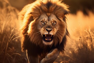 a fierce lion roaring in the savanna. portrait of a beautiful lion, ai generated
