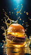 Juicy Cheeseburger with Dynamic Splash on Dark Background