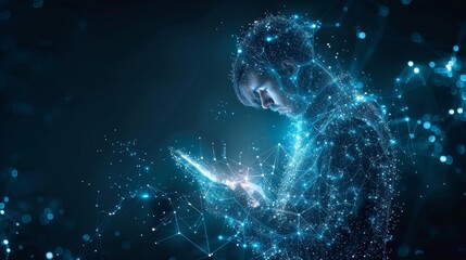 Poster - An abstract businessman holds a tablet with a hologram of a stock market candlestick symbol. Investing or trading concept in the digital age.  illustration of a low-poly futuristic investor in