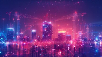Poster - Low Poly wireframe digital illustration of a construction site with a lot of tower cranes. Polygons, lines, particles, and connected dots. Horizontal banner template.