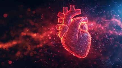 Aufkleber - A low poly heart beat 3D wave on a dark background. Abstract line, dot, and polygon cardiogram. Digital music  network. Futuristic wireframe curve of cardiology rhythm.