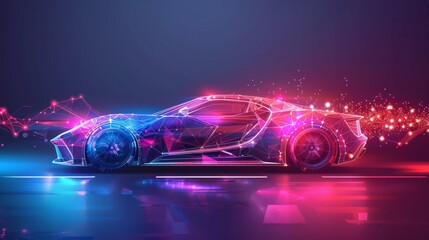 Leinwandbilder - The sport car is on an abstract background with polygons. Low polygonal space with connecting dots.  speed concept background.