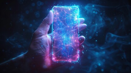 Fototapete - Low poly style design with geometric background and wireframe light connection structure on white blank screen. Abstract hand holding mobile phone with white empty screen. Isolated