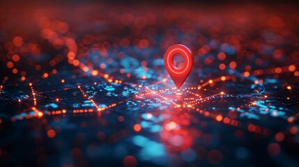 Aufkleber - A low polygonal pin icon on an abstract map. The design is of a technology theme. Geometric background. Wireframe light connection structure. Modern 3D graphic concept. Isolated  illustration.
