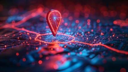 Aufkleber - Pin icon on an abstract map designed in a technology style. Geometric background. Wireframe light connection. Conceptual 3D graphic.  illustration.