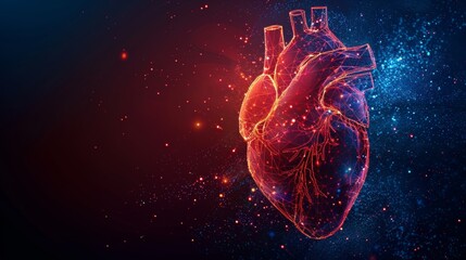 Poster - Human heart, abstract blue and red. Anatomy of a heart. Medical concept. Geometric background. Wireframe light connection structure. Modern 3D graphic design concept.  illustration. Low poly