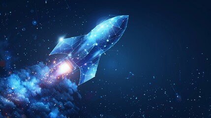 Aufkleber - Blue glowing light bulb rocket launch. Low poly style design. Abstract geometric background. Wireframe connection structure for light. Modern 3D concept. Isolated  illustration.