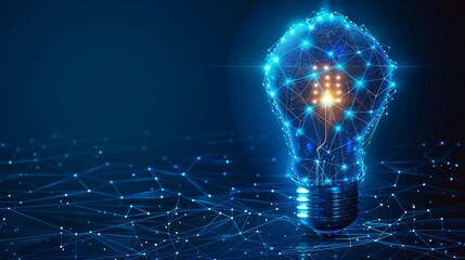 Poster - Blue abstract solar panel with light bulb. Renewable energy. Geometric background. Wireframe light connection structure. Modern 3D graphic concept. Isolated  illustration.