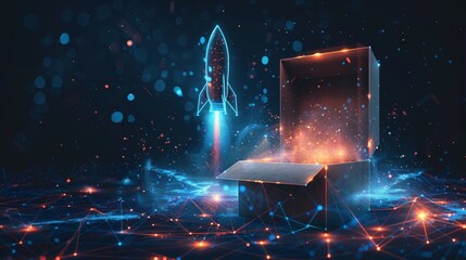 Fototapete - Open box and rocket launch. Think outside of the box. Wireframe light connection structure. Modern 3D graphic concept. Isolated  illustration.