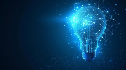 Aufkleber - The blue glowing light bulb is an abstract design. A low poly style design is shown against an abstract geometric background. A wireframe light connection structure is seen in the background. The