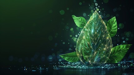 Aufkleber - The drop of water has green leaves inside. Low poly style design. Abstract geometric background. Wireframe light connection structure. Modern 3D graphic ecological concept.  illustration.