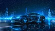 High speed motion car night city drive illustration on dark blue cityscape background. An abstract wire low profile car illustration with the headlights on. Transportation, fast driving, vehicle