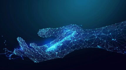 Fototapete - A hand giving an abstract gesture. A blue geometric background is provided by wireframe light connections. A modern 3D graphic concept is portrayed through isolated vectors.