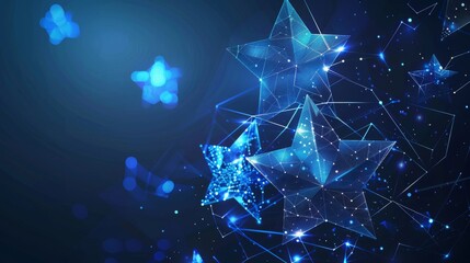 Fototapete - The rating is 5 stars. Abstract blue stars. Low poly style design. Abstract geometric background. Wireframe light connections. Modern 3D graphic concept. Isolated  illustration.