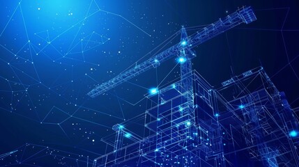 Poster - The background of this illustration is a polygonal wireframe building under a blue night sky with dots and stars. This illustration can be used for construction, development, architecture, or any