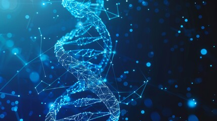 Poster - An abstract 3d polygonal wireframe DNA molecule helix spiral to illustrate or use in medical science, genetic biotechnology, chemistry biology, and gene cell concepts.