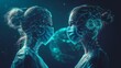 An elderly man and woman looking at each other while wearing surgical masks on a world or planet background. Viral  illustration created with low poly wireframes. Pandemic or epidemic concept.