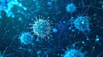 Aufkleber - Infectious microbes in 3D on a blue background. Computer virus, allergy bacteria, microbiology concept.