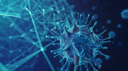 Aufkleber - Infectious microbe on blue background with abstract  3D virions. Computer virus, allergy bacteria, medical healthcare, microbiology concept.
