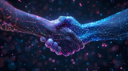 Aufkleber - A business handshake composed of points, lines, and shapes in the shape of planets, stars, and the universe.  best deal. RGB color mode.