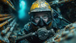 © tong2530 - An underwater scene featuring a welder in advanced diving equipment, performing critical maintenance on the foundation of an oil rig. Underwater welding