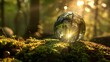 Crystal globe resting on moss in a forest, environment concept.