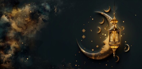 Wall Mural - Happy ramadan gold lantern and moon, organic and flowing forms style, dark themes, dark gray and black, copy space, mind-bending murals, website banner, cute and dreamy.