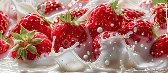 Poster - A group of ripe, vibrant strawberries are seen plunging into a pool of fresh, creamy milk. The milk forms ripples and splashes as the strawberries make contact, creating a dynamic and appetizing scene