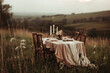 Outdoor table setting in in style of beige colors with linen tablecloth.