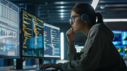Focused programmer working on code late at night.