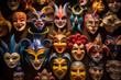 An array of traditional venetian masks, showcasing vibrant colors and designs