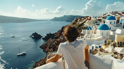 Sticker - Relaxing in Santorini, with white-washed buildings and blue domes against the backdrop of the Aegean Sea