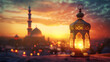 Eid mubarak and ramadan kareem with copy space. Eid al fitr islamic lantern and mosque background.