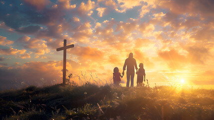 Wall Mural - Family easter silhouette, funeral silhouette, christ and cross