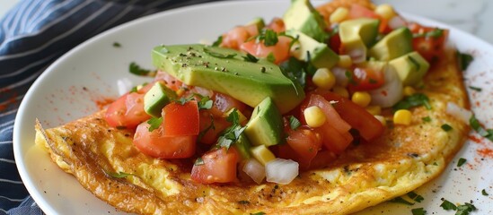 Wall Mural - A nutritious and low-carb omelet topped with fresh slices of tomato, creamy avocado, and sweet corn. This keto-friendly breakfast option is packed with flavor and wholesome ingredients.