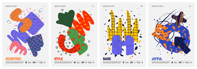 Aufkleber - Colorful vector minimalistic Posters with bizarre abstract geometric unusual shapes and forms with different textures in matisse style, Hand drawn modern wall art with aesthetic naive figures, set 5