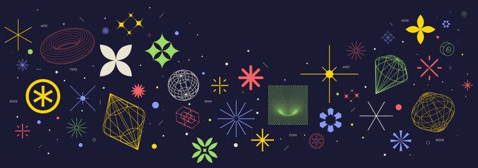 Fototapete - Vector abstract background with color extraordinary graphic elements of different shapes, Collection of various form, labels, stickers inspired by brutalism, set basic figures