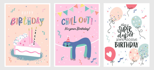 Set of birthday postcards with confetti, garlands, cake and candles. Invitations, happy birthday. Vector templates great for card, poster, flyer or banner