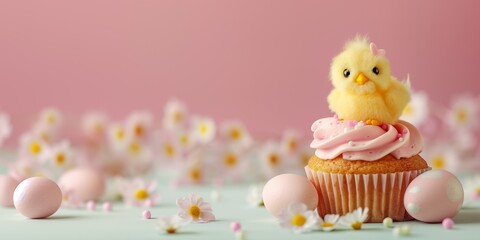 Pastel Easter themed banner with a cute chick on a cupcake, surrounded by eggs and flowers, with ample copy space on a soft pink background