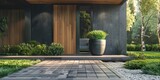 Fototapeta Kuchnia - A stylish front entrance with a plant in the suburbs. Generative Ai