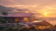 A dreamy sunrise scene featuring a contemporary residence adorned with solar panels, casting a warm glow over the landscape, heralding a new day in renewable living.