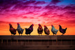 Group of chickens roosting on a wooden fence at sunset. Generative AI