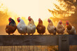 © Nomad_Soul - Group of chickens roosting on a wooden fence early morning. Generative AI